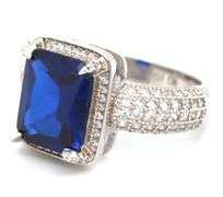 Emerald cut blue cubic zirconia and white CZ ring in 925 sterling silver