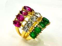 14 Kt Gold Plate Sparkling 17.5 Ctw Simulated Diamond Pink Sapphir and Emerald Ring