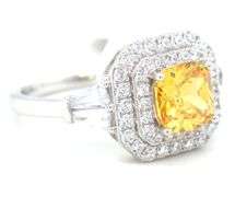 Yellow cushion cut and white round and baguette cubic zirconia ring in 925 sterling silver