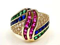 14 Kt. Gold Plate 4.75 Cwt. Simulated Diamond Ruby, Sapphire, and Emerald Ring