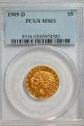 Lovely nearly Gem BU 1909-D $5 Indian Gold Piece. PCGS MS64