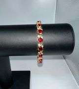 Beautiful 14 Kt Yellow Gold Plated Lab Simulated 16.5 Cttw Red Ruby Diamond Tennis Bracelet