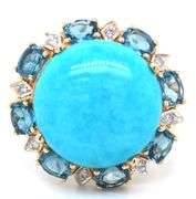10kt Yellow gold turquoise and oval topaz and diamond halo ring