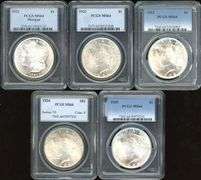 5 Near Gem BU Morgan & Peace Silver Dollars 1921 to 1925. PCGS MS64