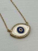 925 Gold Tone Sterling Silver Evil Eye White Enamel Blue Eye Center Pendant With Chain Necklace