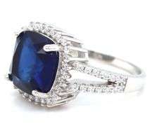 925 Sterling silver cushion cut blue and round brilliant cut white cubic zirconia ring