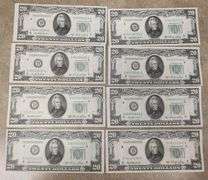 Lot Of 8 1950A UNC $20 Federal Reserve Notes, (Read Description)