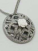 925 Sterling Silver Filigree Round Crystal Pave With carved Rose Motif In Center Pendant With Double