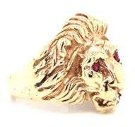 10kt Yellow gold Lion head ring with ruby eyes and diamonds