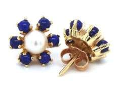 14kt Yellow gold Lapis and pearl flower stud earrings