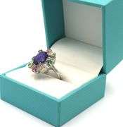 Fabulous 4.35CTS Oval Blue Sapphire, 1.30CTW Tourmaline  & Diamond Ring in 14KT White Gold Over Ster