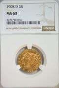Scarce very Choice BU 1908-D $5 Indian Gold Piece. NGC MS63