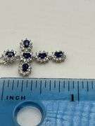 925 Sterling Silver Blue Sapphire Color And Rhinestone Cross Pendant And Chain Necklace