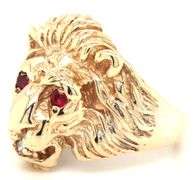 10kt Yellow gold Lion head ring with ruby eyes and diamonds