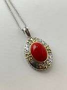925 Sterling Silver Bezel Set Floral Pattern Red Coral Color Pendant With Chain Necklace