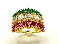 Gorgeous 14 K Yellow Gold Plate Christmas 12.5 Ctw Lab Simulated Ruby, White Diamond and Emerald Rin