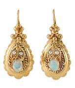 Vintage Victorian Opal and Seed Pearl Etruscan Earrings in 14K