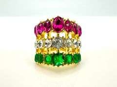 14 Kt Gold Plate Sparkling 17.5 Ctw Simulated Diamond Pink Sapphir and Emerald Ring