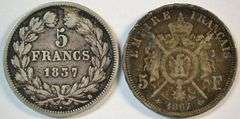 Scarcer 1837 & 1867 France 5 Francs Silver coins