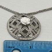 925 Sterling Silver Filigree Round Crystal Pave With carved Rose Motif In Center Pendant With Double