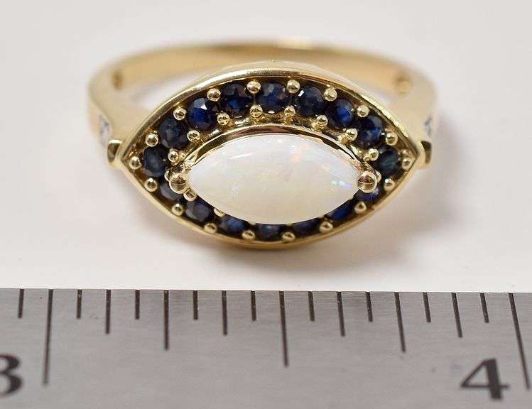 Opal and Blue Sapphire Gemstone Ring in 14K Yellow Gold