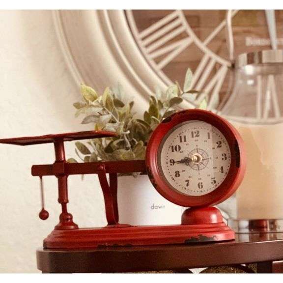 Red Metal Balance Scale Clock