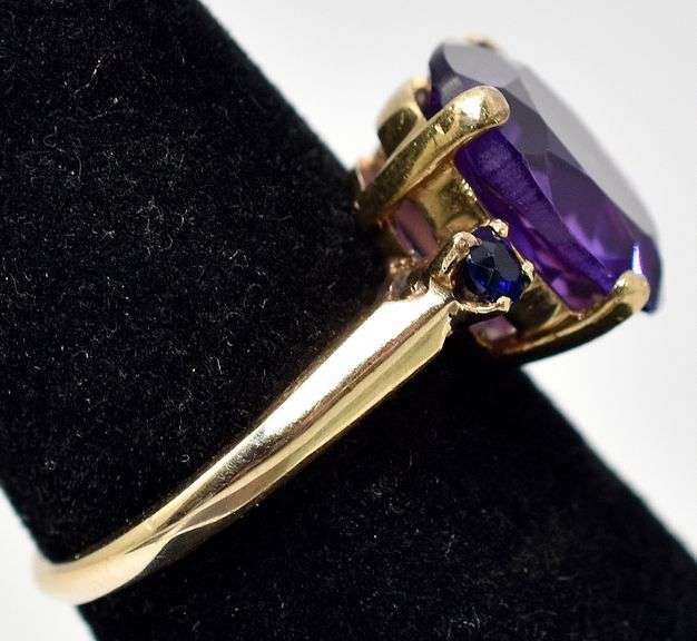 Dazzling 14K Yellow Gold Amethyst and Blue Sapphire Gemstone Ring