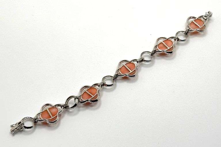 18k White Gold and Pave Diamond Bracelet with Rare Pink Coral