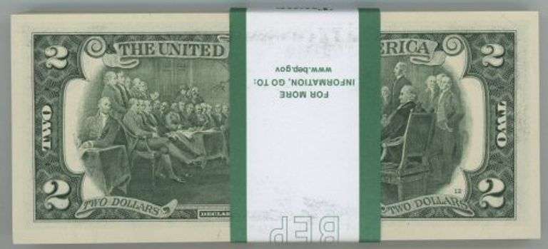 Gem CU pack of 100 2017-A Series $2 Federal Reserve Notes with runs of 79 and 21 in sequence (L)