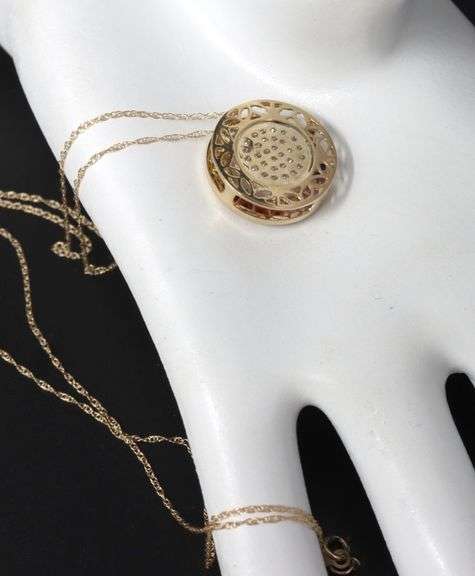 14kt Yellow gold pave diamond and multi stone round slider pendant on chain
