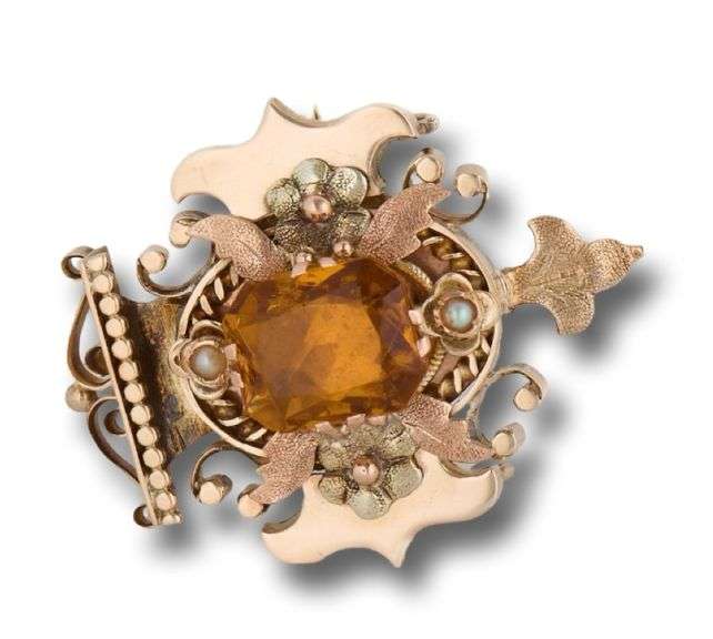 Vintage Yellow Glass Center with Pearls and Floral Shield Brooch Pendant