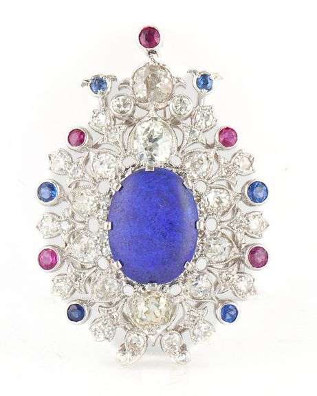 Vintage 4.00ctw Mixed Cut Diamond Lapis Sapphire and Ruby Pendant Brooch in Platinum