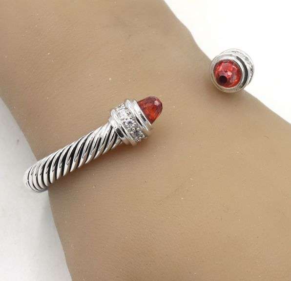 925 Sterling silver Cabel classic cuff bangle with with and red CZ
