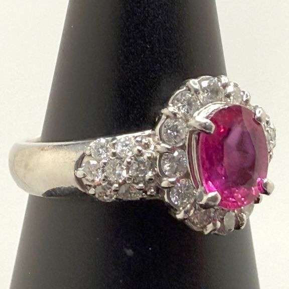 Very nice quality Ruby and diamonds on 14k white gold ring, size 5.5