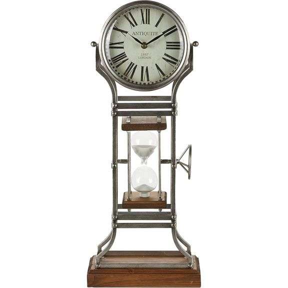 Rustic Metal Hourglass Clock with Wood Base
