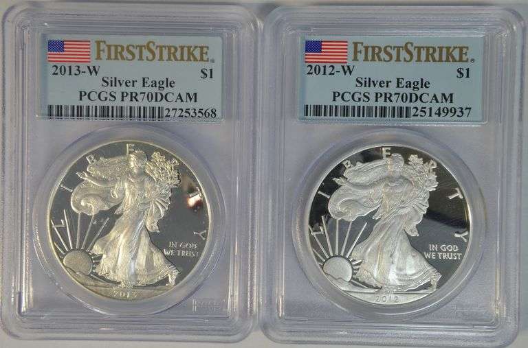 Perfect PR70 PCGS graded 2012 & 2013 $1 Eagles First Strikes
