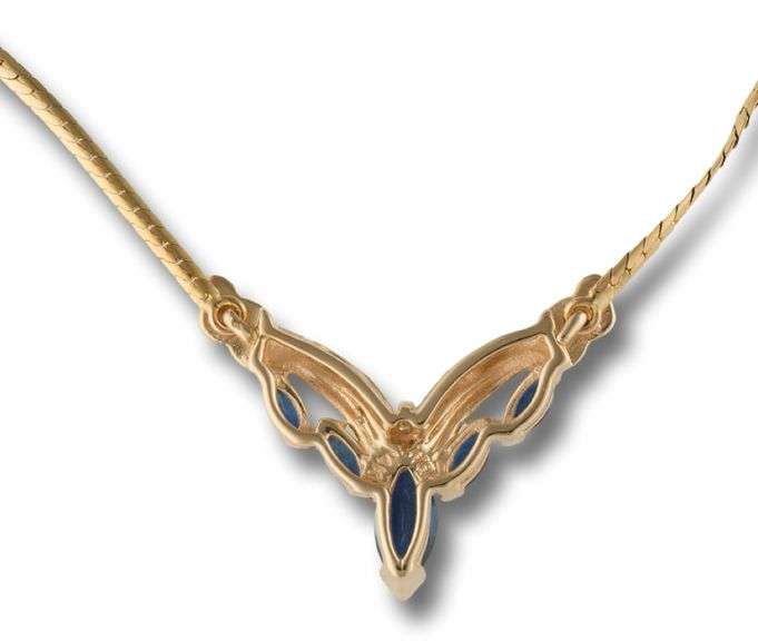 14kt Yellow Gold Marquoise Sapphire and Diamond Bar Pendant Necklace