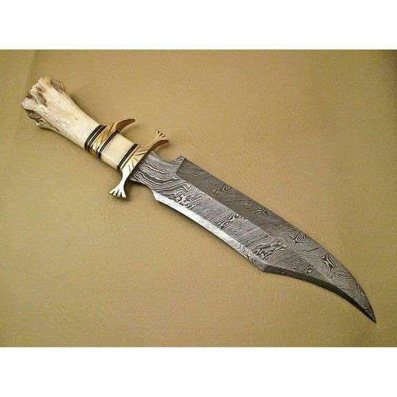 15-Inch Damascus Steel Hunting Knife with Camel Bone Handle