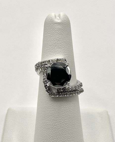 14 Kt White Gold Plated 6.25 Ct Silky Black Moissanite 30 Count Natural Diamonds Bridal Set Ring