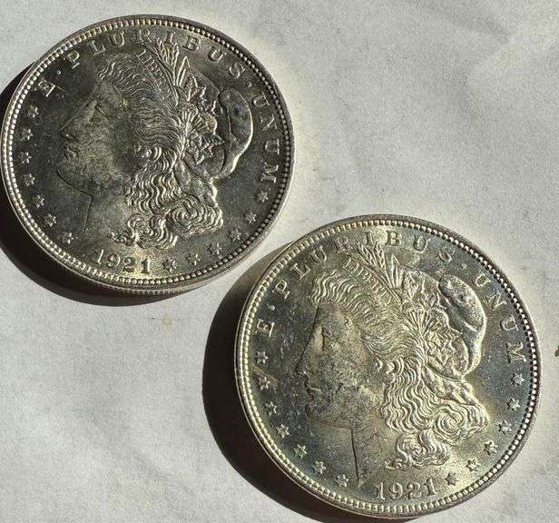 2 Gem BU 1921 Frosty White Morgan Dollars