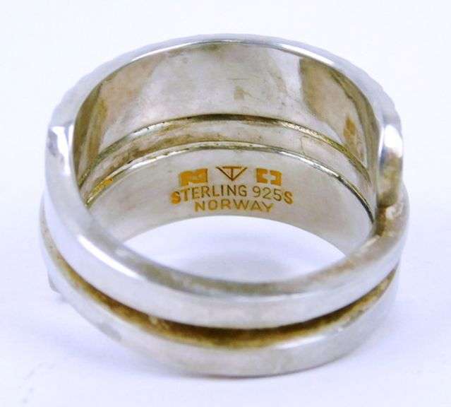 Vintage Norwegian Wide Sterling Enameled Ring, 7.5