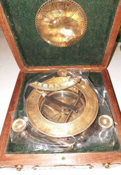 Brass Sundial Compass with Wooden Box