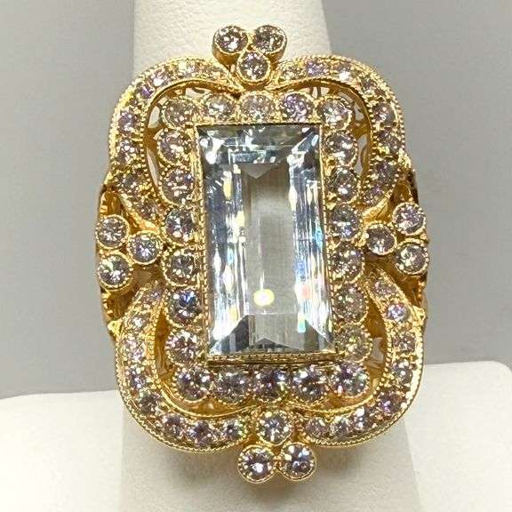 Victorian Emerald-Cut Aquamarine and Diamond Ring in 14K Gold, Size 10