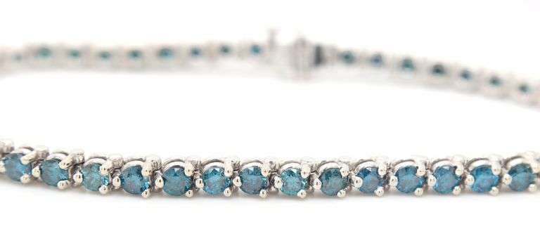 14kt White gold treated blue diamond tennis bracelet