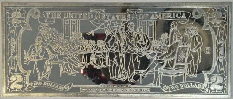 Great-looking 4 Troy Oz pure .999 fine silver $2 bill facsimile bar.