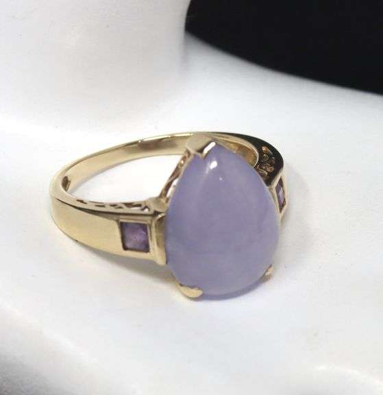 14kt Yellow gold pear shaped Lavender jade and square amethyst bezel set ring