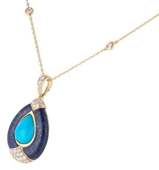 Pear Shaped Turquoise Blue Lapis and 0.65ctw Diamond Pendant Necklace in 14K