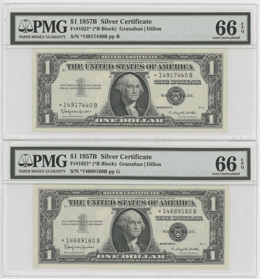2 Superb Gem CU 1957B $1 Silver Certificate STARS PMG-66 EPQ