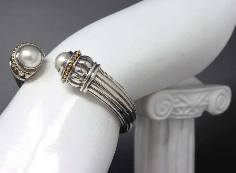 Lagos Caviar Hinged Cuff Bangle with Pearls