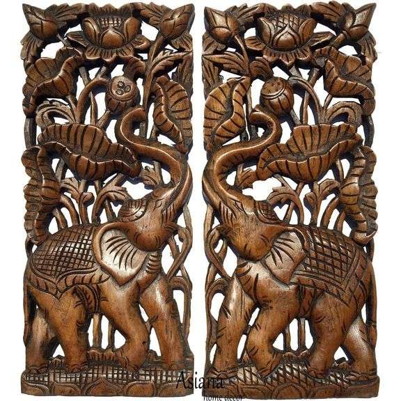 Set of 2 Hand-Carved Elephant Teak Wood Wall Panels
